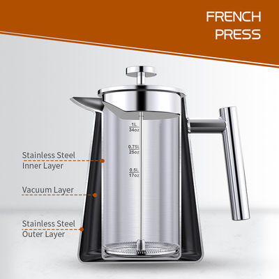 1000ml/34oz van de de Koffiepot van de roestvrij staalduiker Vacuüm 13.4*20.5cm