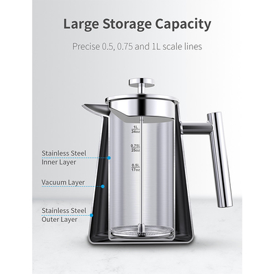 1000ml/34oz het vacuümpottenKoffiezetapparaat houdt de Warme Franse Pers LFGB van de Theemaker